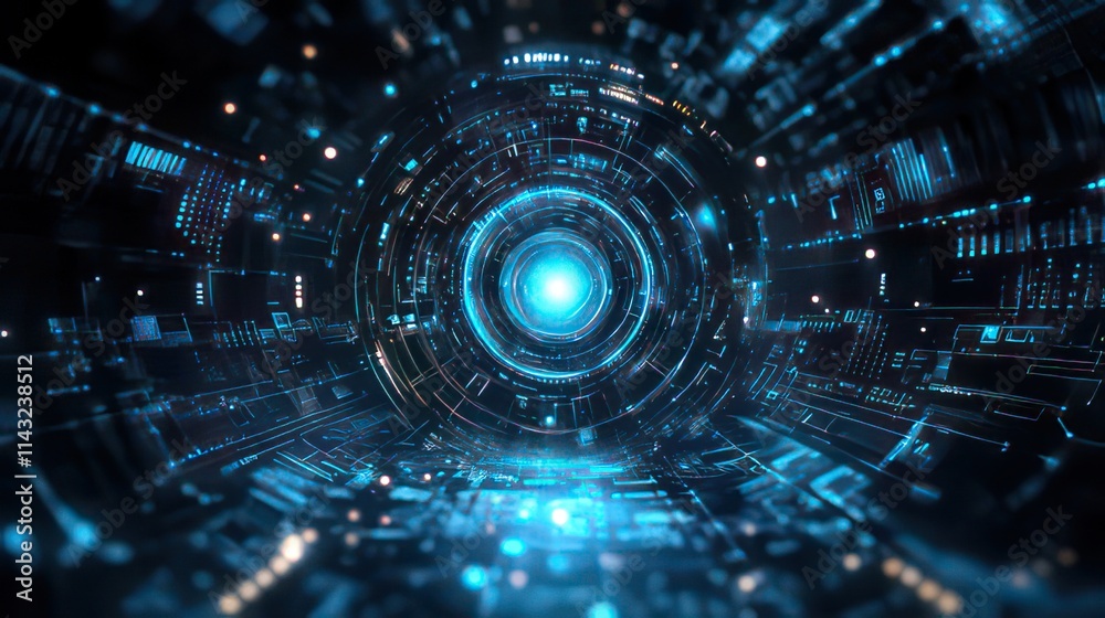 Obraz premium A futuristic digital tunnel with glowing blue patterns and circuit-like designs.