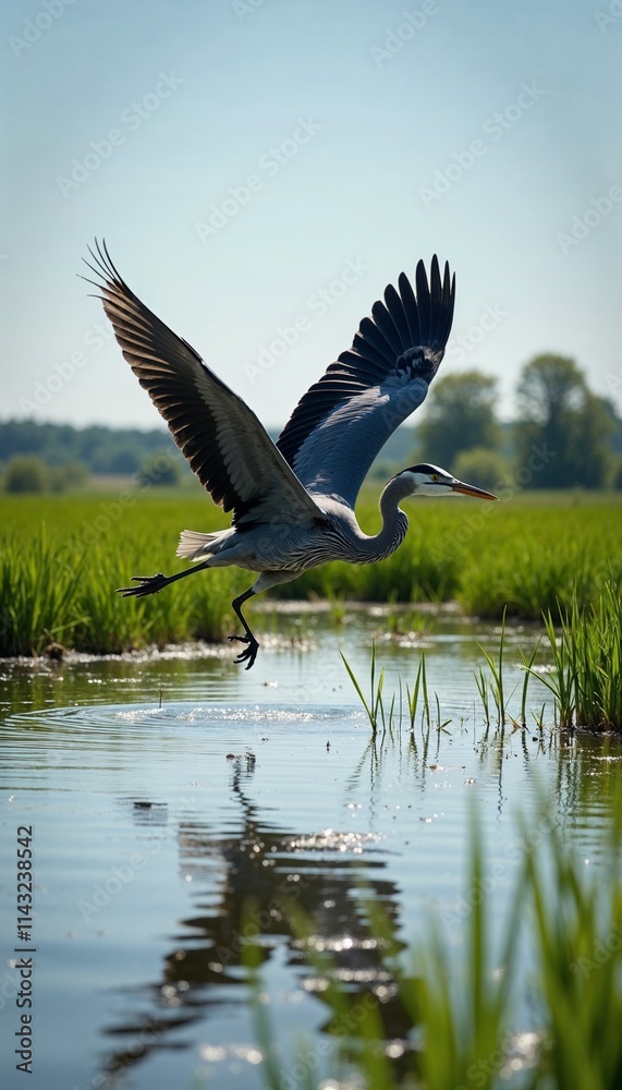 Heron taking flight over calm water surrounded by green grasses on a sunny day Heron taking flight over calm water surrounded by green grasses on a sunny day