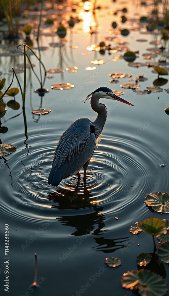 Fototapeta premium Graceful heron standing in the water among lily pads at sunset, creating ripples