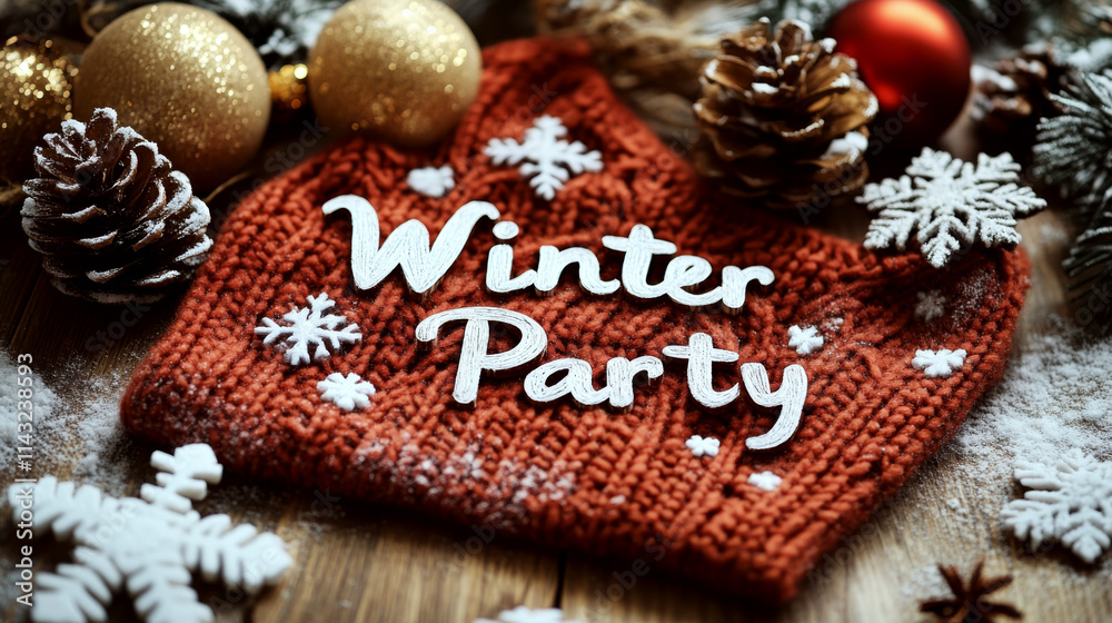 Fototapeta premium Winter hat on wooden surface with pinecones and ornaments reads 