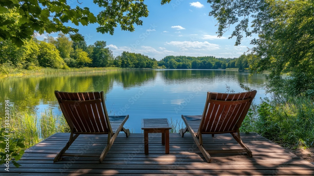 Two lounge chairs on a wooden deck overlooking a calm lake on a sunny day. Two lounge chairs on a wooden deck overlooking a calm lake on a sunny day.