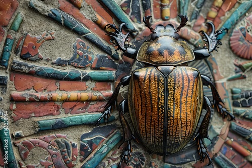 Large golden scarab beetle with black stripes is standing on a colorful mosaic background photo