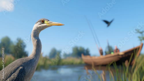 Fishing at the lake a heron near freshwater nature scene calm environment close-up view wildlife concept photo