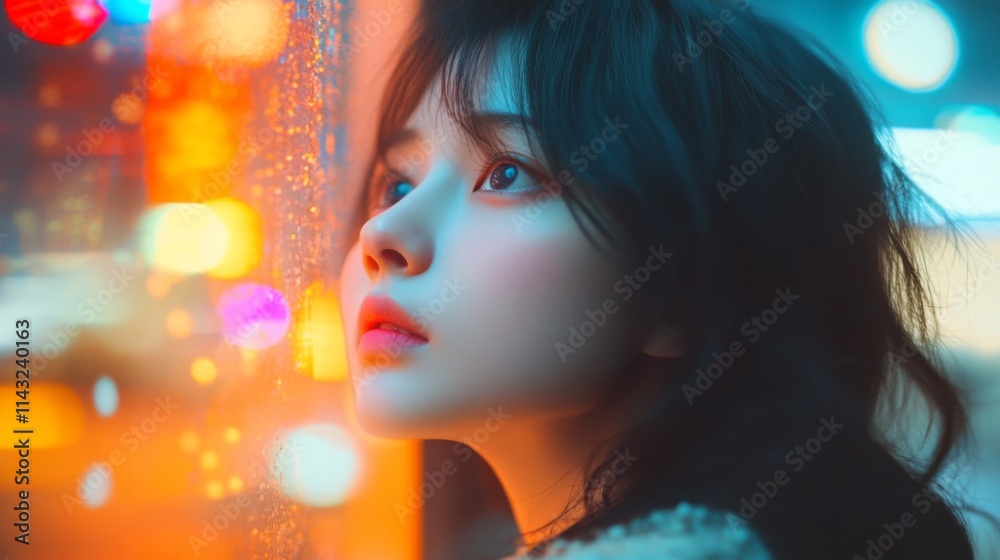 Portrait of young woman with soft glowing city lights in background