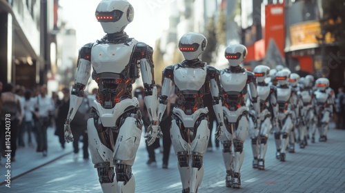 Wallpaper Mural Group of humanoid robots walking down a futuristic urban street Torontodigital.ca