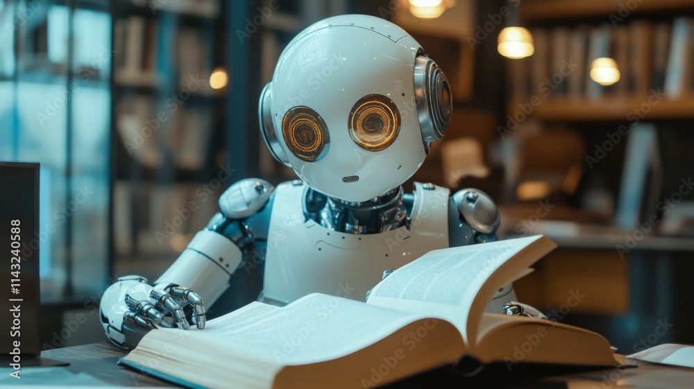 Humanoid robot sitting at a desk in a futuristic workspace Humanoid robot sitting at a desk in a futuristic workspace