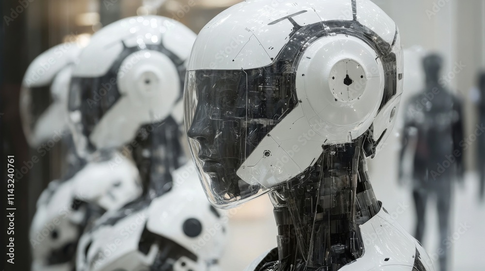 Futuristic robots with mechanical designs standing in a sci-fi environment Futuristic robots with mechanical designs standing in a sci-fi environment