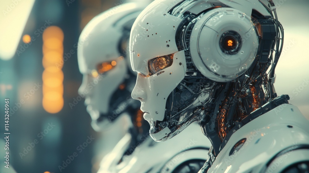 Humanoid robots lined up in a futuristic industrial setting Humanoid robots lined up in a futuristic industrial setting