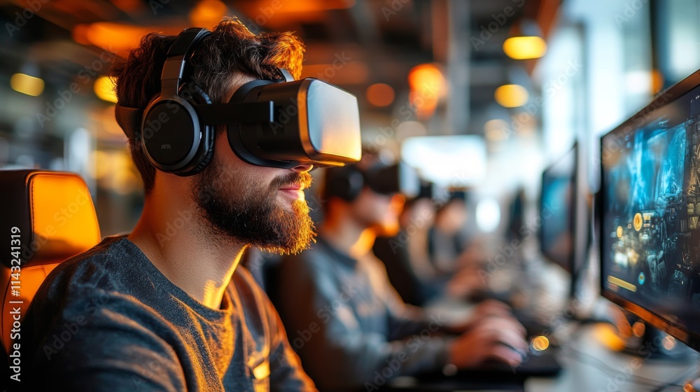 Man playing video games with a headset in a futuristic gaming setup Man playing video games with a headset in a futuristic gaming setup
