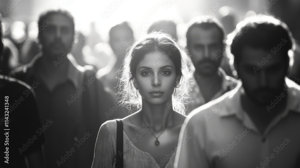 Obraz premium Black and white crowd of people walking with shadows
