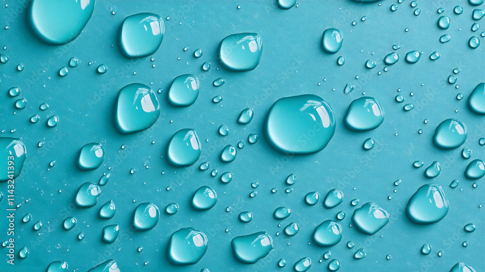 Crystal-clear water droplets on a vibrant turquoise background. Crystal-clear water droplets on a vibrant turquoise background.