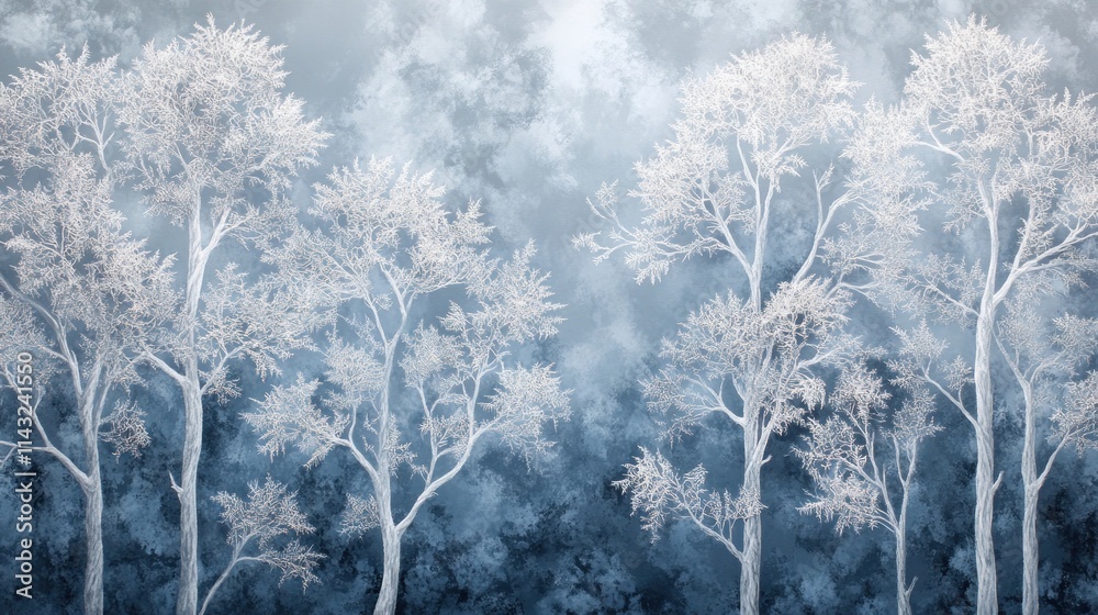A serene winter landscape featuring frosted trees against a soft blue background. A serene winter landscape featuring frosted trees against a soft blue background.
