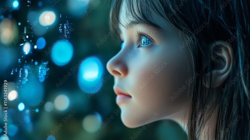 Side profile of a futuristic woman with glowing blue lights Side profile of a futuristic woman with glowing blue lights