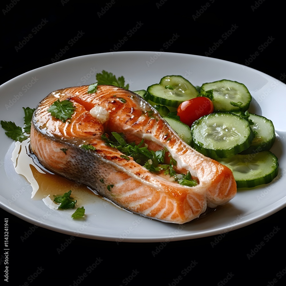 Grilled salmon fillet with cucumber and tomato salad. Grilled salmon fillet with cucumber and tomato salad.