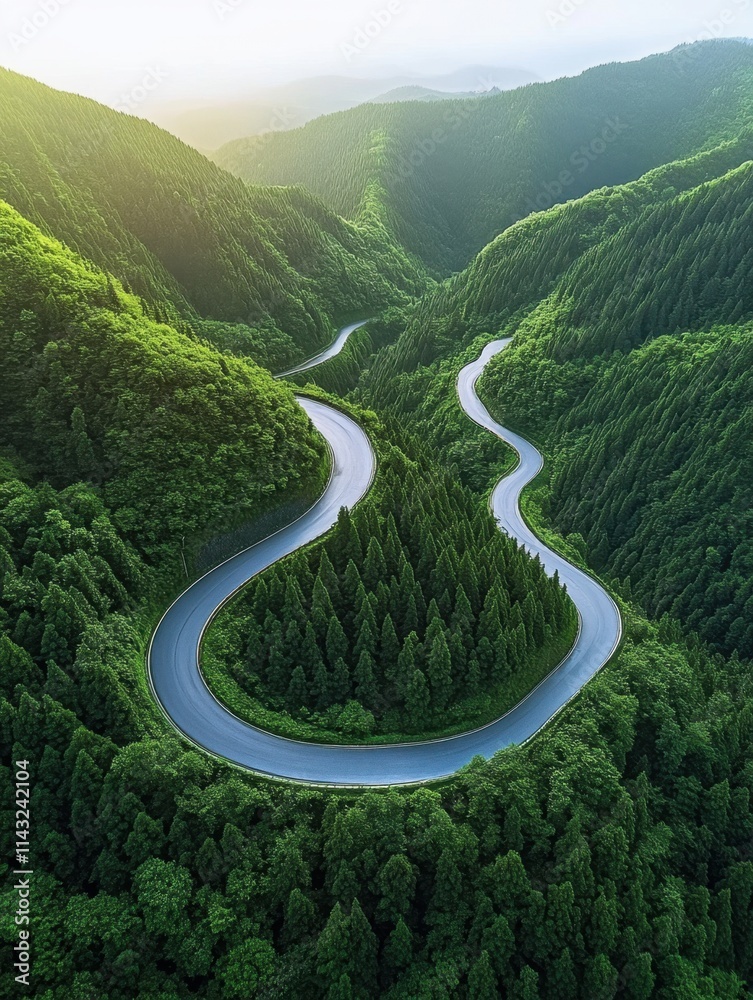 Aerial view of highway in green forest Aerial view of highway in green forest