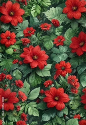 Hand-painted vibrant red flowers and lush green leaves pattern, design, colorful, texture, botanical, floral