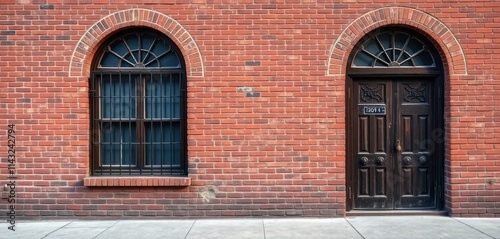 Weathered red brick facade features two arched windows with metal bars, wooden door. Urban decay, time effect apparent on building facade. City street view on sidewalk. Old building with vintage photo