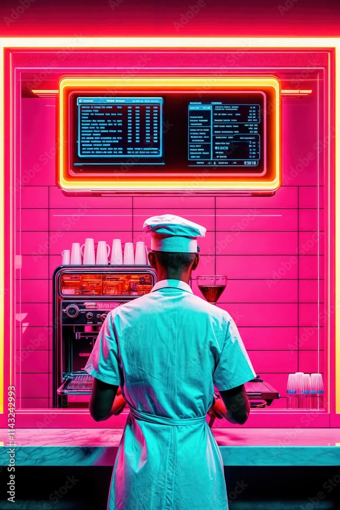 Barista in futuristic neon coffee shop preparing drinks under vibrant glowing menu display