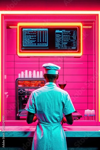 Obraz na płótnie Barista in futuristic neon coffee shop preparing drinks under vibrant glowing menu display
w salonie