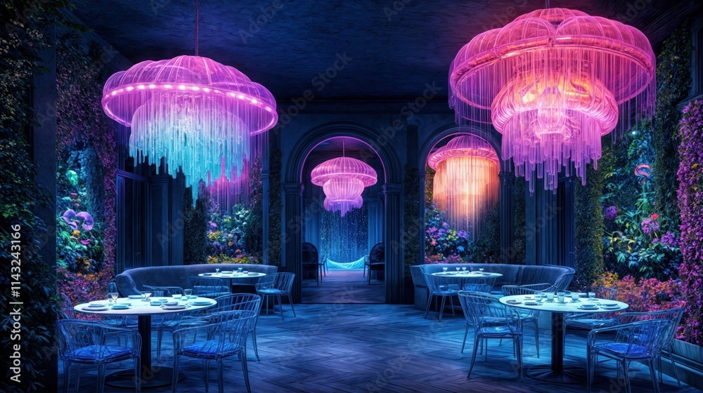Luxury restaurant interior with glowing jellyfish chandeliers and lush vertical gardens in neon lighting