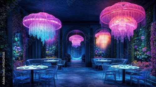 Luxury restaurant interior with glowing jellyfish chandeliers and lush vertical gardens in neon lighting  
