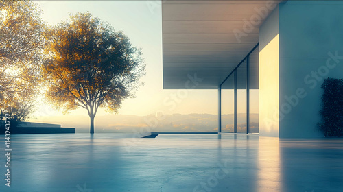 rendering background picture modern minimalist architecture hyperrealistic style light and shadow effects at five oclock in the afternoonno carsFocal length 45 aper photo