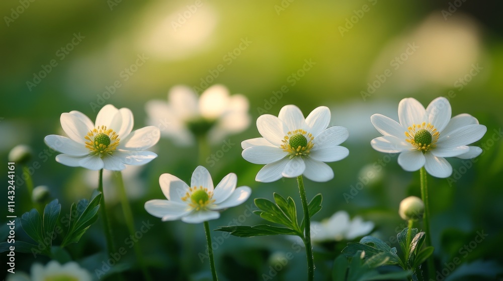 White wildflowers blooming in a lush green meadow White wildflowers blooming in a lush green meadow