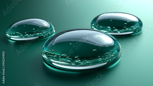 Glassy droplets on a deep emerald green background.