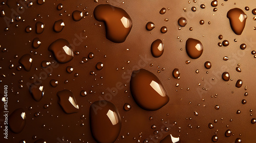 Glossy chocolate syrup droplets on a warm brown background.