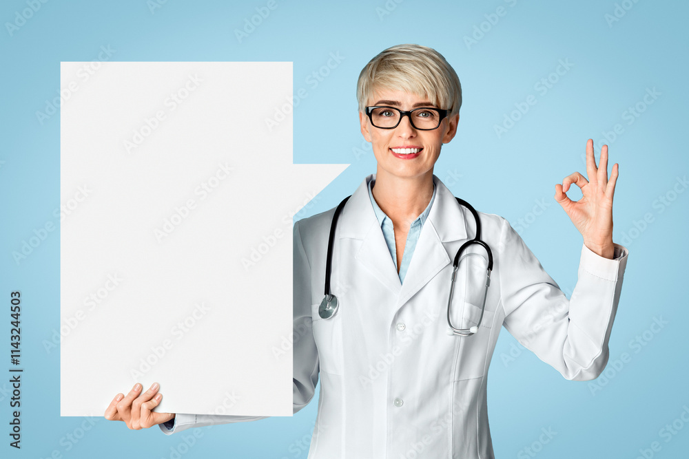 Excellent doctor recommendation. Smiling Woman in white coat shows ok sign with abstract place for words isolated on blue background, studio shot Excellent doctor recommendation. Smiling Woman in white coat shows ok sign with abstract place for words isolated on blue background, studio shot