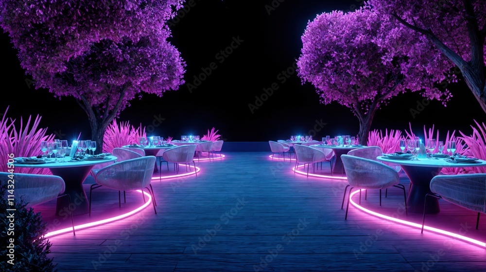 Outdoor dining area with glowing pink neon trees and elegant tables under starry night sky