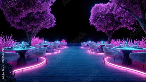 Obraz na płótnie Outdoor dining area with glowing pink neon trees and elegant tables under starry night sky
w salonie