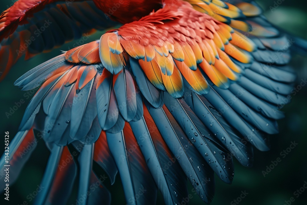 Obraz premium Close up of scarlet macaw wing showing off beautiful red, blue, orange and yellow feathers