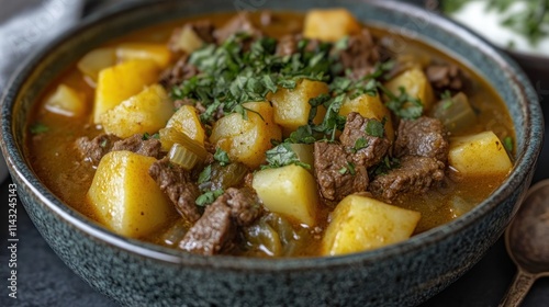 Hearty beef stew with potatoes in a bowl.