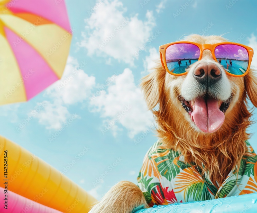 Happy golden retriever in tropical shirt and sunglasses enjoying summer under colorful beach umbrella