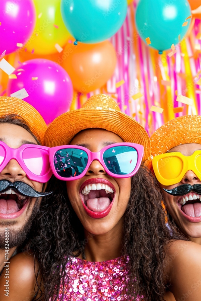 Friends celebrating with colorful balloons, glitter hats, and fun glasses at a vibrant party