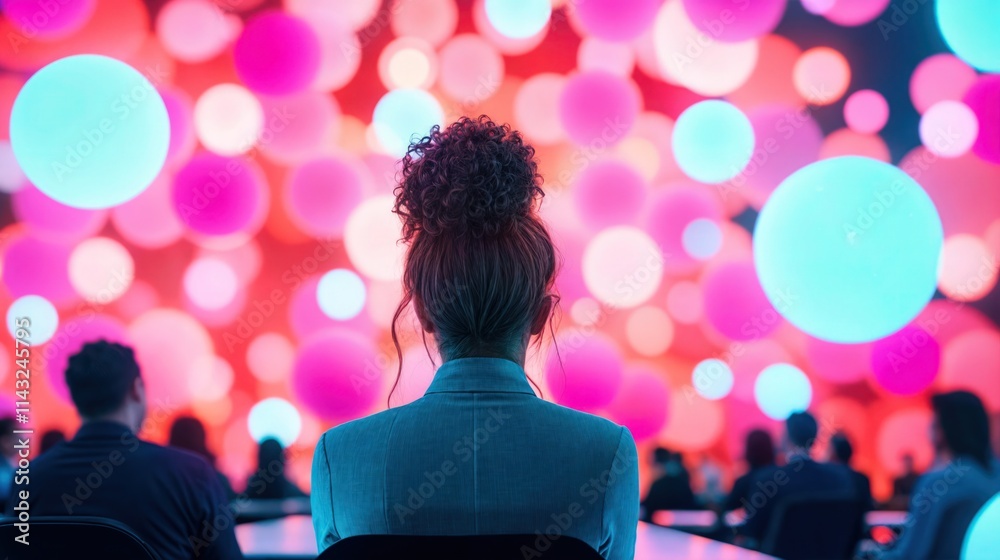 Woman observing abstract glowing orbs in a colorful immersive art installation