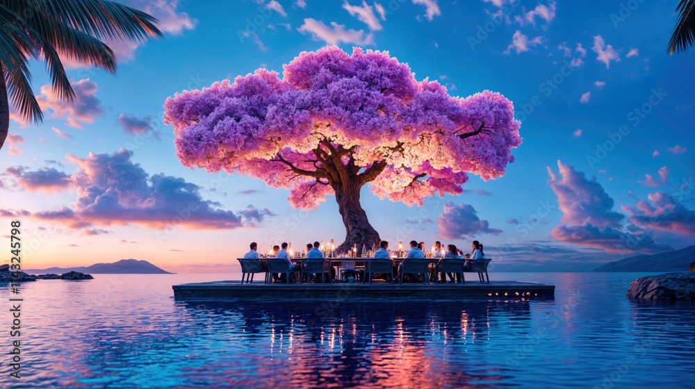 Outdoor dinner gathering under a glowing pink tree on a floating platform surrounded by water at sunset