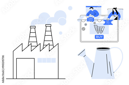 Factory, shopping cart on online platform with people interacting, and watering can. Ideal for business growth, e-commerce, manufacturing integration, financial incentives, digital transformation