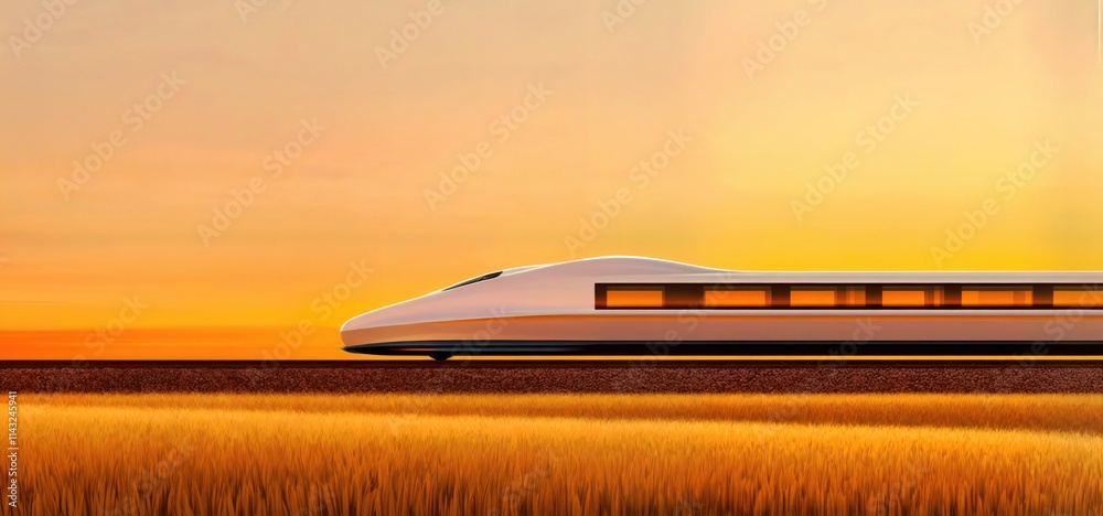 High-speed train traveling through golden fields at sunset with warm orange sky