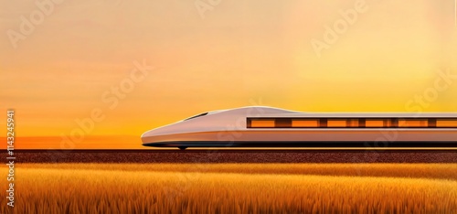 Obraz na płótnie High-speed train traveling through golden fields at sunset with warm orange sky
w salonie