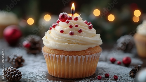 Festive Christmas Cupcake With A Burning Candle