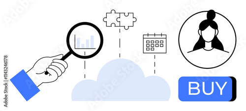 Hand holding magnifying glass over analytics graph, cloud, puzzle pieces, calendar, person avatar, and BUY button. Ideal for marketing, data analysis, e-commerce, project management, cloud solutions