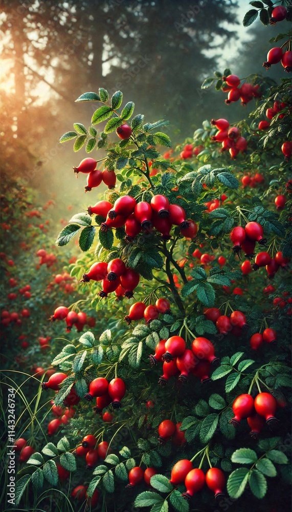 Obraz premium Vibrant Red Rose Hips on a Bush, Signaling the Harvest Season