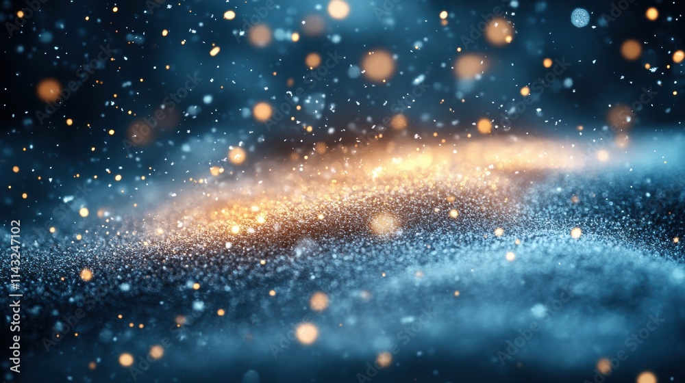 Naklejka premium Golden and blue glitter particles glowing in a magical bokeh effect, soft winter lighting, abstract festive texture, holiday sparkle, dreamy background design.