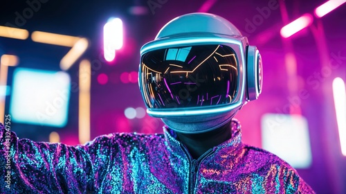 Obraz na płótnie Futuristic astronaut helmet with reflective neon lights in a vibrant purple setting
w salonie