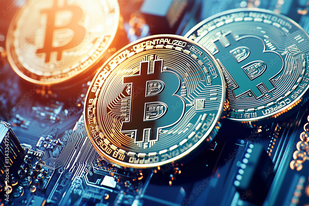 Conceptual Illustration of Digital Currency with Bitcoin Coins on Computer Circuit Board Conceptual Illustration of Digital Currency with Bitcoin Coins on Computer Circuit Board