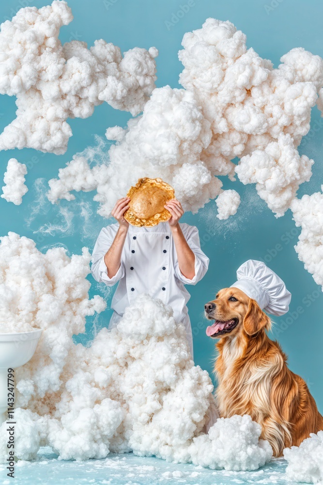 Chef covered in fluffy clouds holding a pancake, with a golden retriever in a chef hat beside him