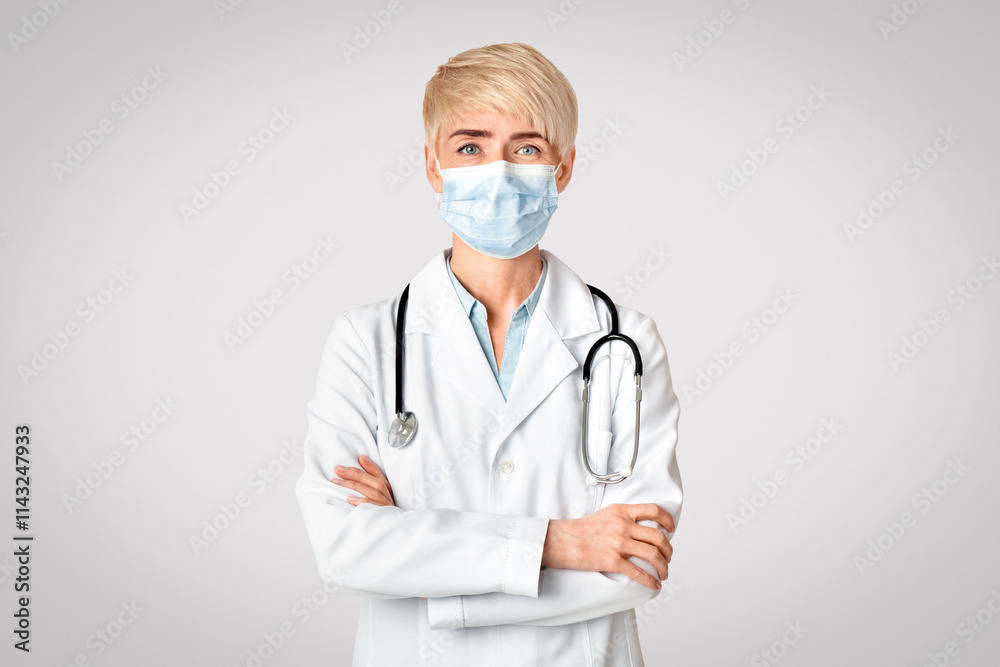 Quarantine, health protection and treatment. Blonde mature woman doctor wearing in white coat and surgical protective mask against infection, virus or bacteria isolated on gray background, studio shot Quarantine, health protection and treatment. Blonde mature woman doctor wearing in white coat and surgical protective mask against infection, virus or bacteria isolated on gray background, studio shot