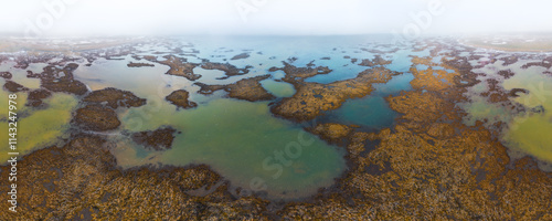 Aerial view of Icelandic wetlands in early autumn mist